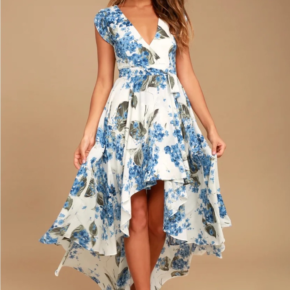 Lulu’s French Countryside Blue Floral Print High-Low Dress